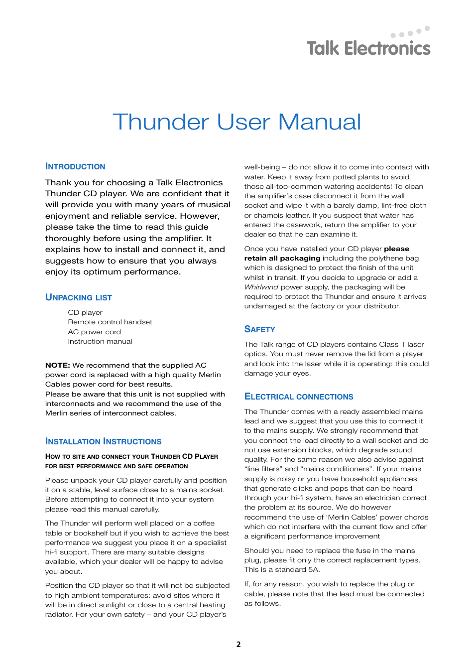 Thunder user manual, Talk electronics | Talk electronic Thunder 3.1B User Manual | Page 2 / 11