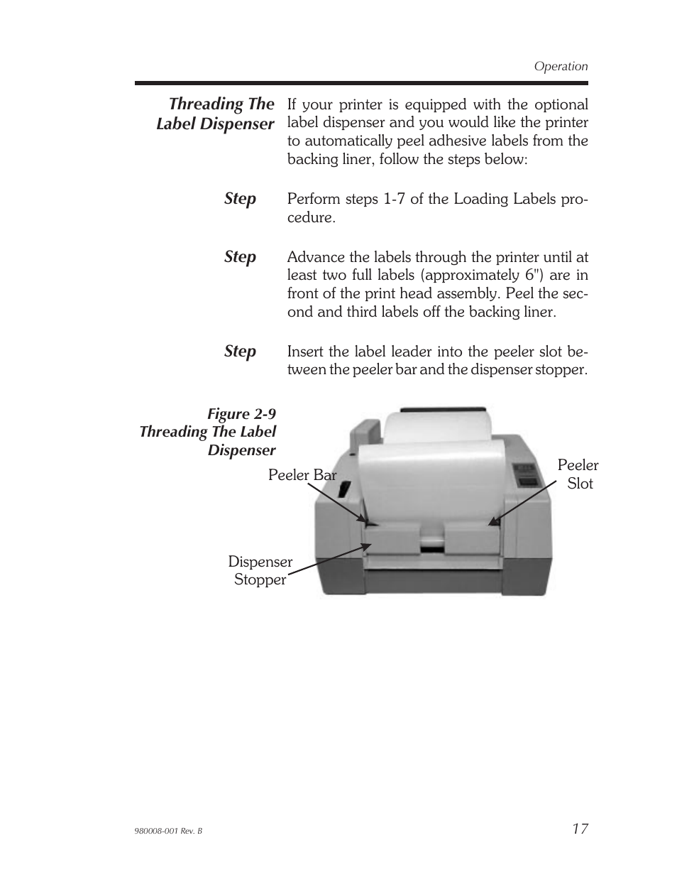 Threading the label dispenser 17, Threading the label dispenser | The Eltron Company LP2122 User Manual | Page 23 / 48