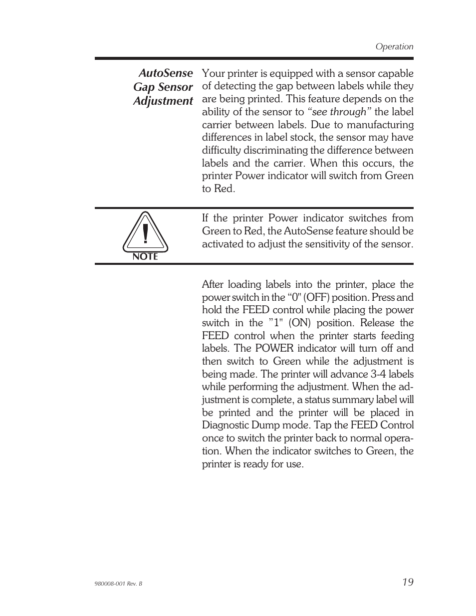 Autosense gap sensor adjustment 19, Autosense gap sensor adjustment | The Eltron Company LP2122 User Manual | Page 25 / 48