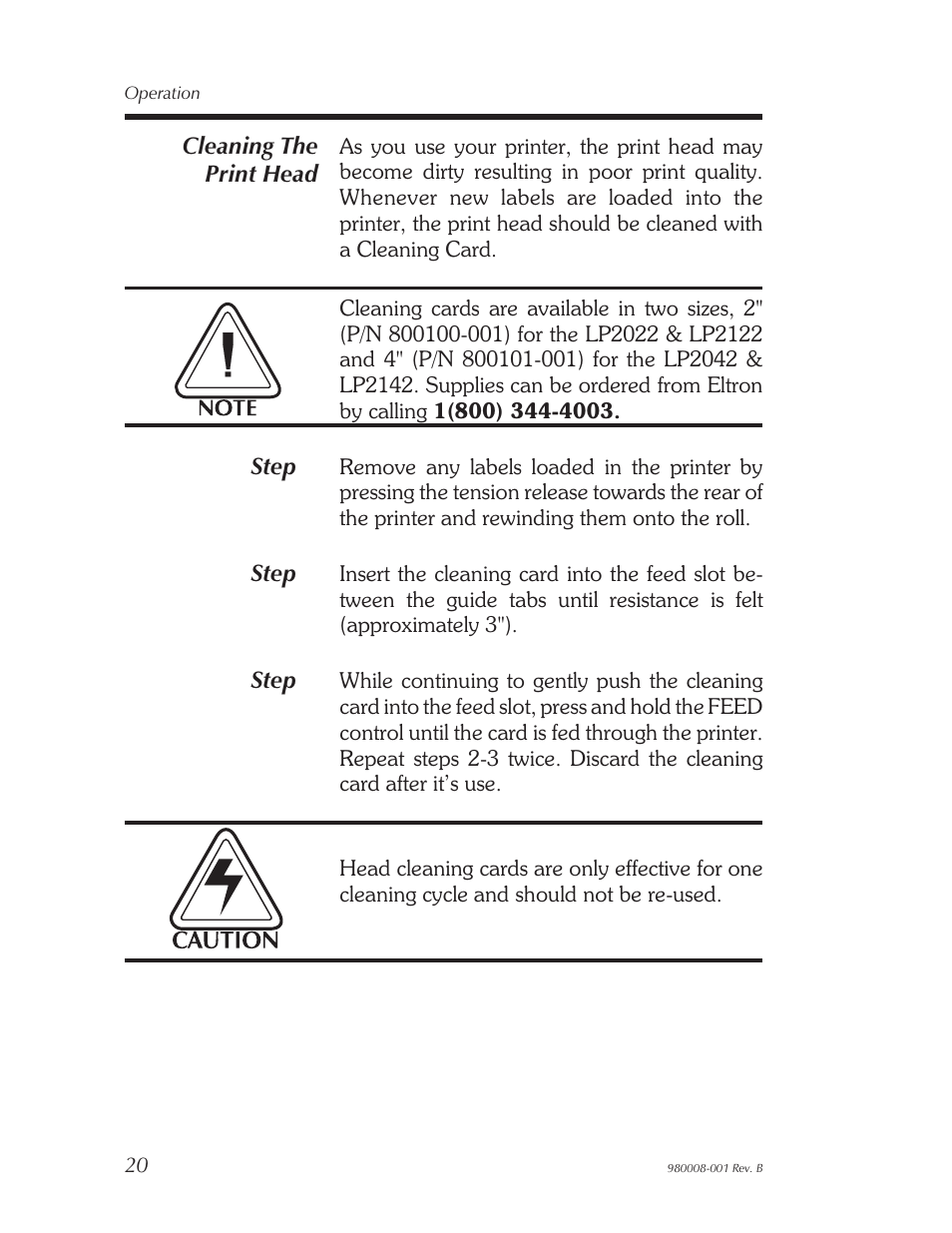 Cleaning the print head 20, Cleaning the print head | The Eltron Company LP2122 User Manual | Page 26 / 48