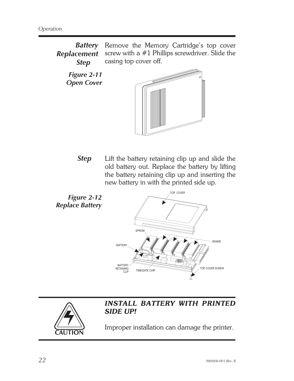 Battery replacement step, Step, Figure 2-12 replace battery | The Eltron Company LP2122 User Manual | Page 28 / 48
