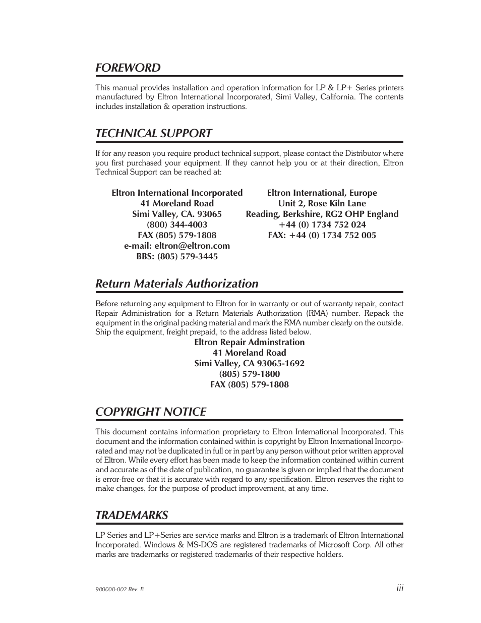 Foreword, Technical support, Return materials authorization | Copyright notice, Trademarks | The Eltron Company LP2122 User Manual | Page 3 / 48