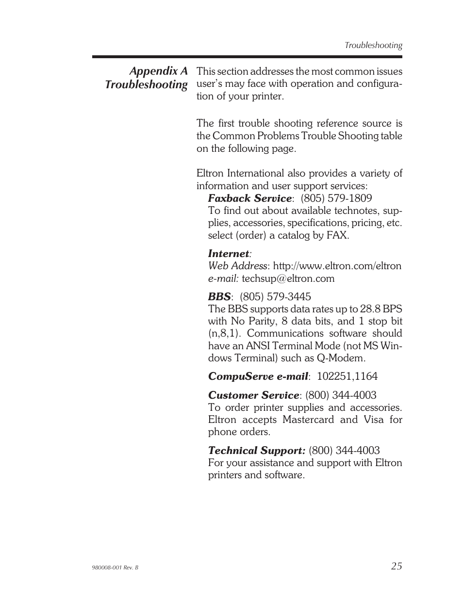 Appendix a - troubleshooting 25, Appendix a - troubleshooting | The Eltron Company LP2122 User Manual | Page 31 / 48