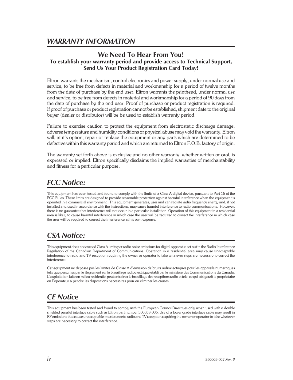 Warranty information, Fcc notice, Csa notice | Ce notice, We need to hear from you | The Eltron Company LP2122 User Manual | Page 4 / 48