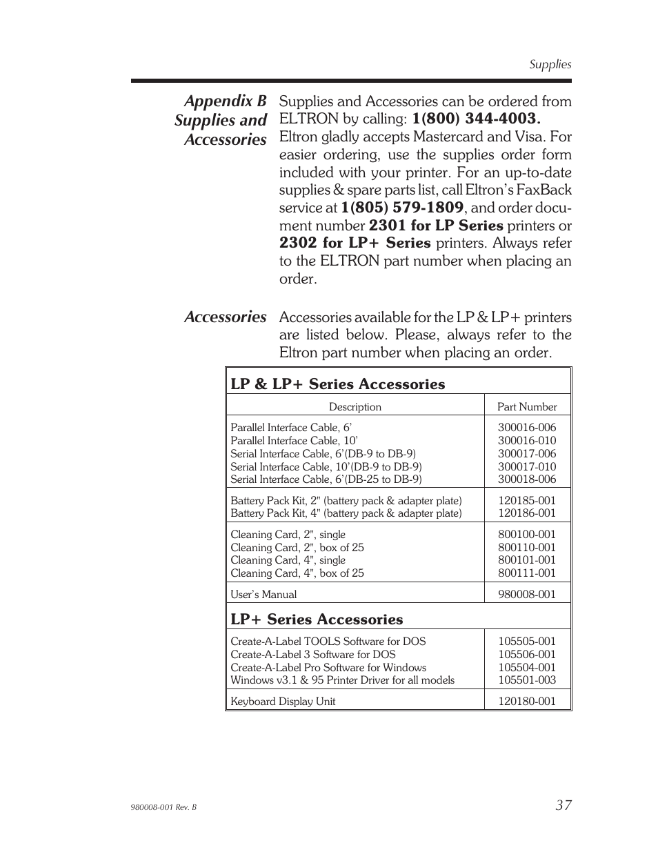 Appendix b - supplies and accessories 37, Appendix b - supplies and accessories, Appendix b supplies and accessories | Accessories, Lp+ series accessories | The Eltron Company LP2122 User Manual | Page 43 / 48