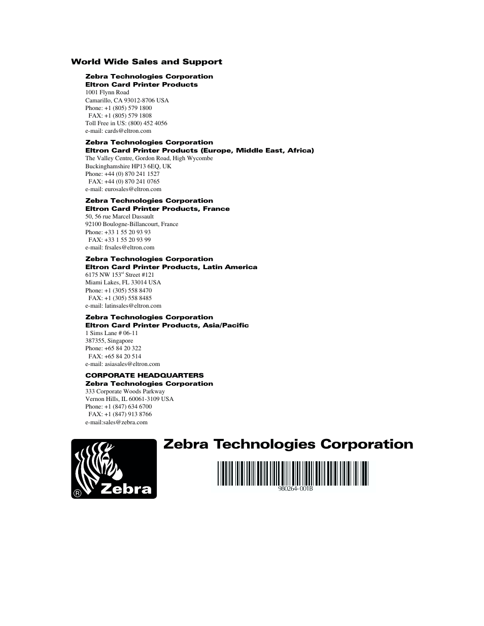 Zebra technologies corporation | The Eltron Company P310 User Manual | Page 112 / 112