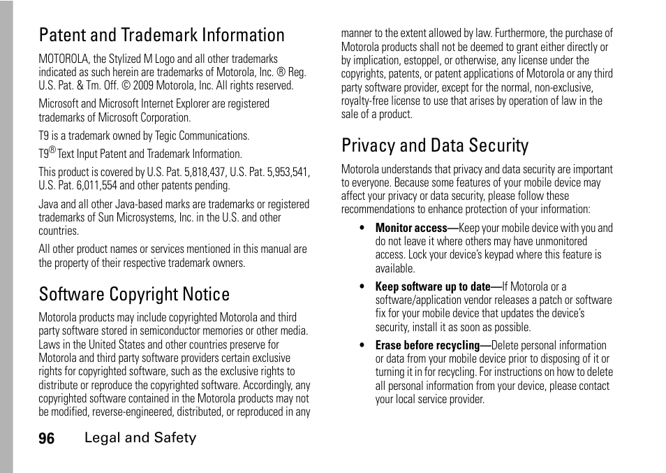 Patent and trademark information, Software copyright notice, Privacy and data security | Notice privacy and data, Security | TELUS I465 User Manual | Page 100 / 106