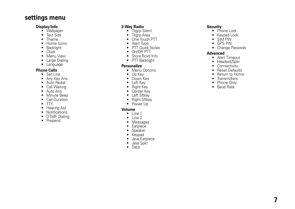 7settings menu | TELUS I465 User Manual | Page 11 / 106