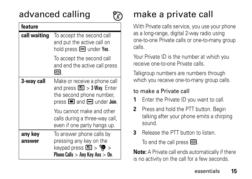 Advanced calling, Make a private call, Advanced calling make a private call | TELUS I465 User Manual | Page 19 / 106