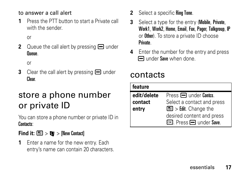 Store a phone number or private id, Contacts, Store a phone number | Or private id contacts | TELUS I465 User Manual | Page 21 / 106