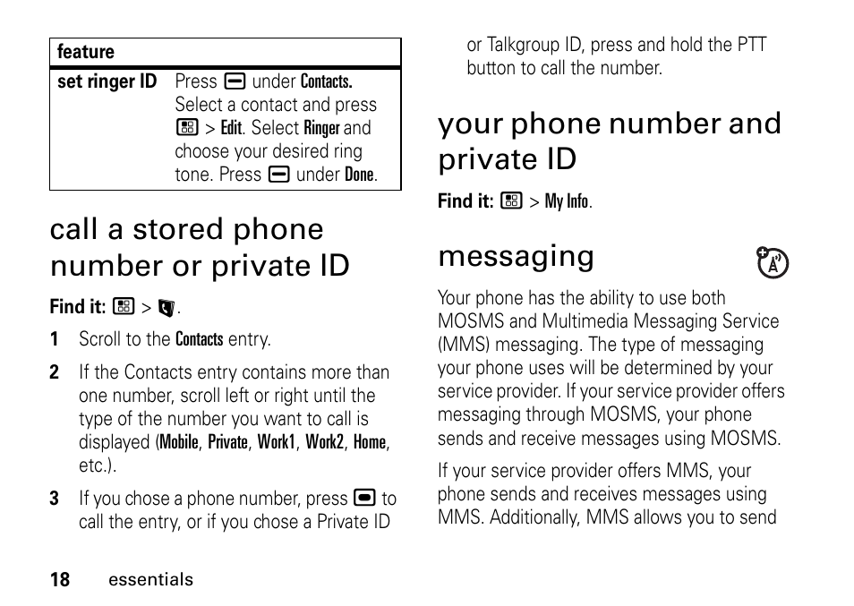 Call a stored phone number or private id, Your phone number and private id, Messaging | And private id messaging | TELUS I465 User Manual | Page 22 / 106