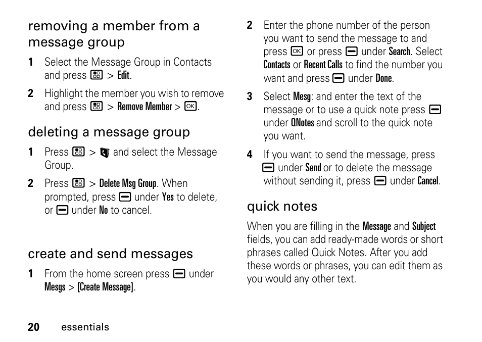 Removing a member from a message group, Deleting a message group, Create and send messages | TELUS I465 User Manual | Page 24 / 106