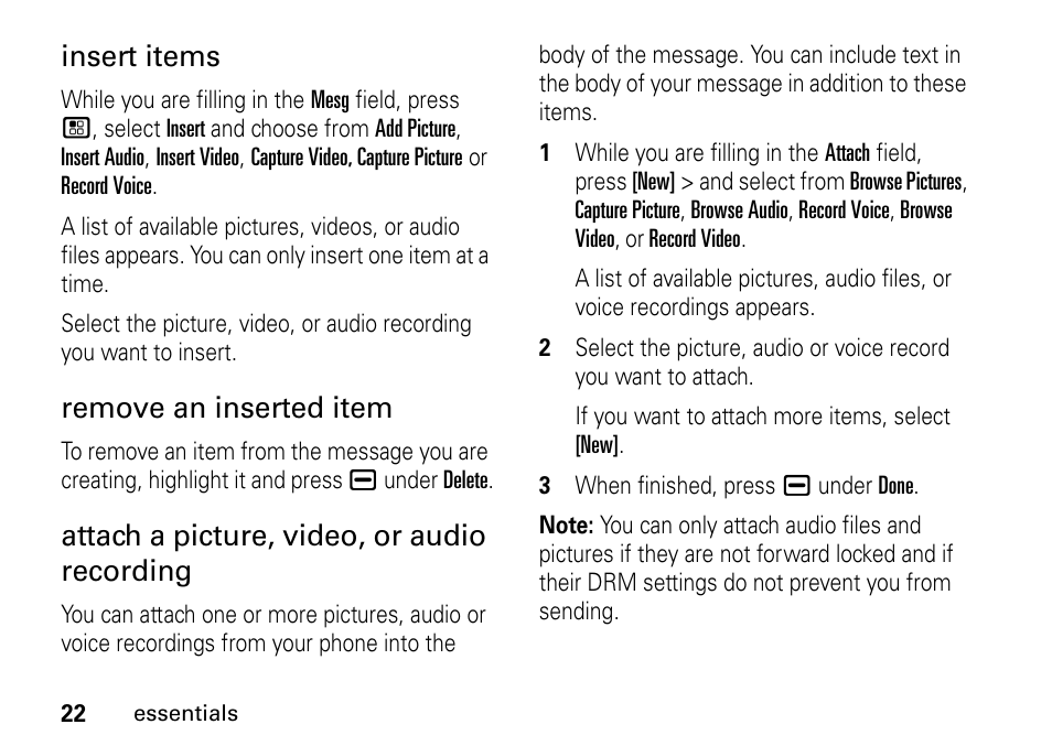 Insert items, Remove an inserted item, Attach a picture, video, or audio recording | TELUS I465 User Manual | Page 26 / 106