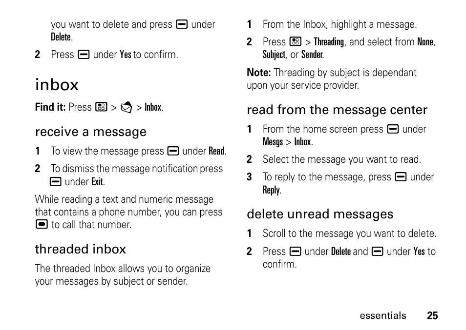 Inbox, Receive a message, Threaded inbox | Read from the message center, Delete unread messages | TELUS I465 User Manual | Page 29 / 106