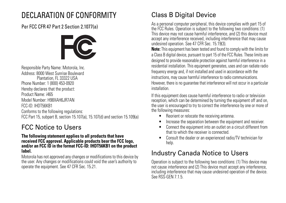 Declaration of conformity, Fcc notice to users, Class b digital device | Industry canada notice to users | TELUS I465 User Manual | Page 3 / 106