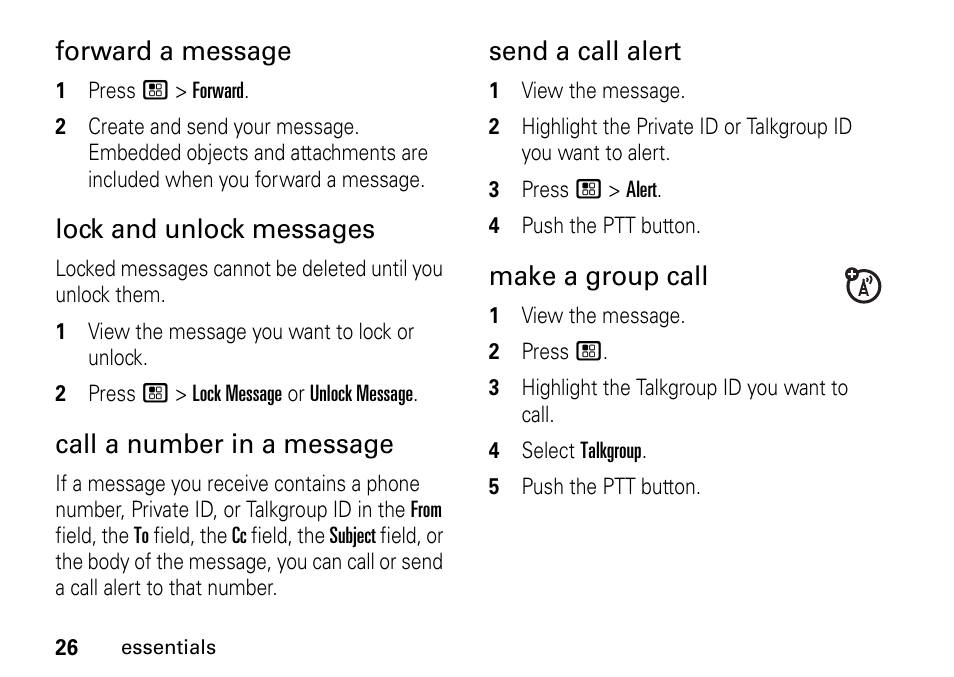Forward a message, Lock and unlock messages, Call a number in a message | Send a call alert, Make a group call | TELUS I465 User Manual | Page 30 / 106