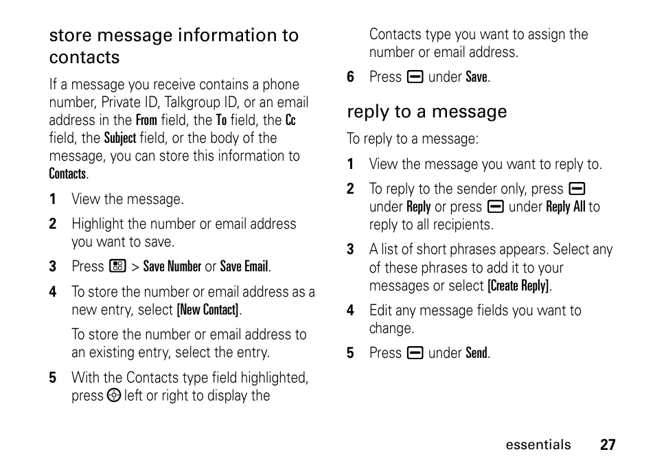 Store message information to contacts, Reply to a message | TELUS I465 User Manual | Page 31 / 106