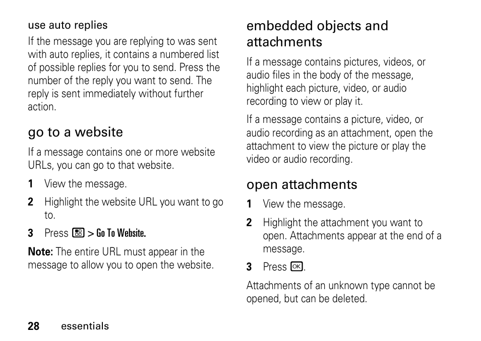 Go to a website, Embedded objects and attachments, Open attachments | TELUS I465 User Manual | Page 32 / 106