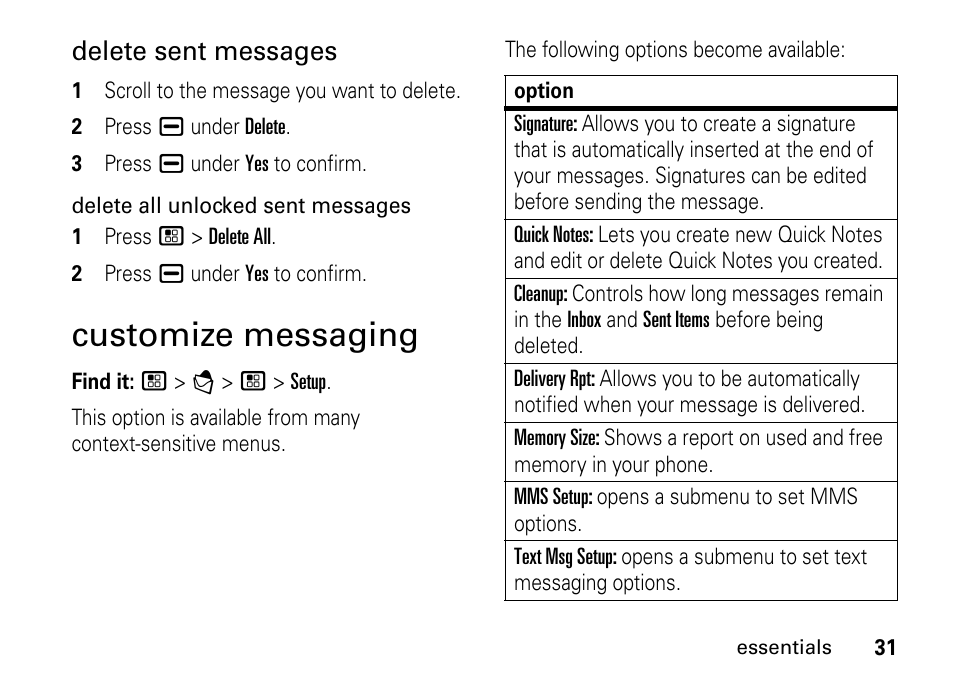 Customize messaging, Customize messaging. 31, Delete sent messages | TELUS I465 User Manual | Page 35 / 106