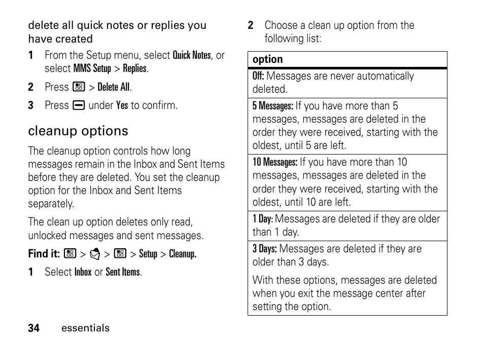 Cleanup options | TELUS I465 User Manual | Page 38 / 106