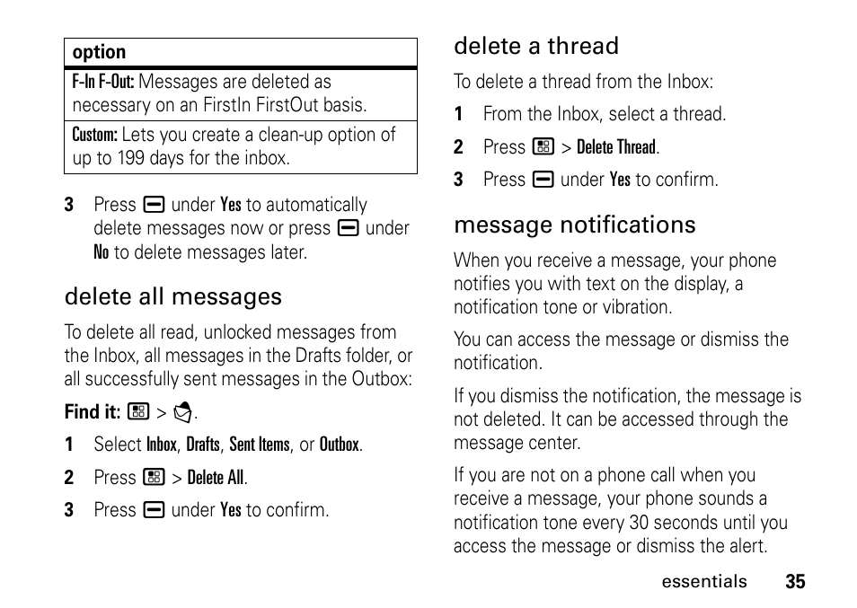 Delete all messages, Delete a thread, Message notifications | TELUS I465 User Manual | Page 39 / 106