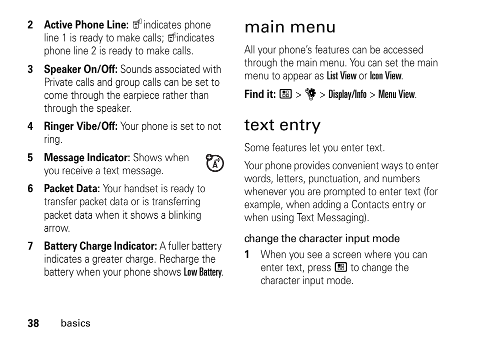 Main menu, Text entry, Main menu text entry | TELUS I465 User Manual | Page 42 / 106