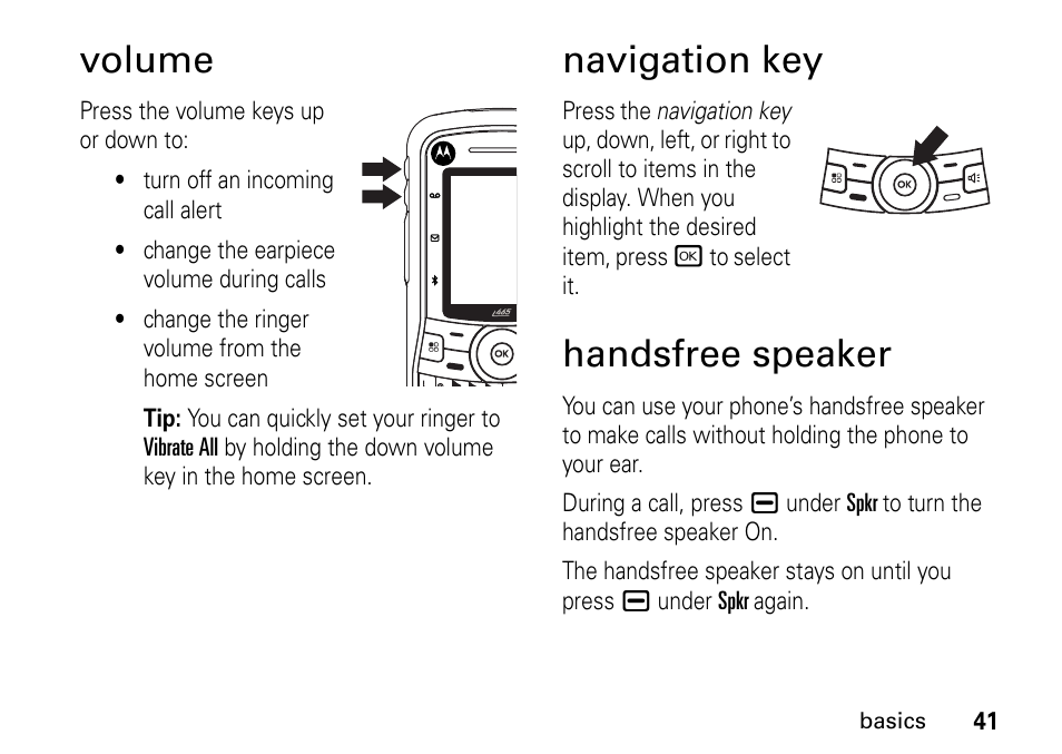 Volume, Navigation key, Handsfree speaker | Navigation key handsfree speaker | TELUS I465 User Manual | Page 45 / 106