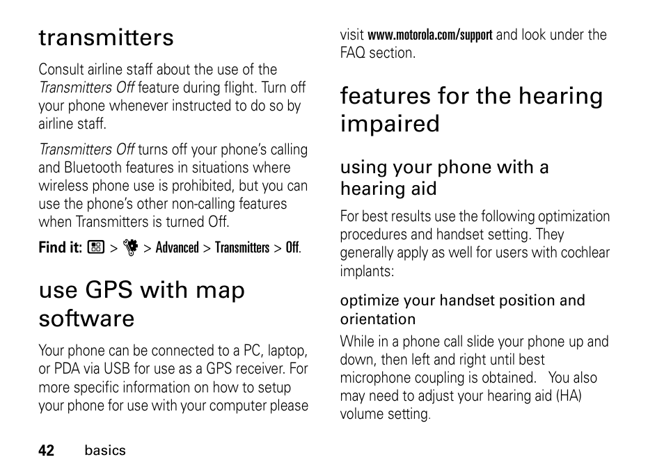 Transmitters, Use gps with map software, Features for the hearing impaired | Hearing impaired | TELUS I465 User Manual | Page 46 / 106