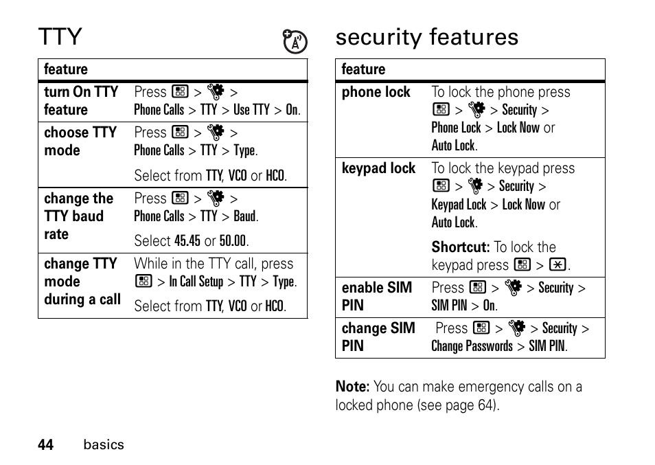 Security features, Tty security features | TELUS I465 User Manual | Page 48 / 106
