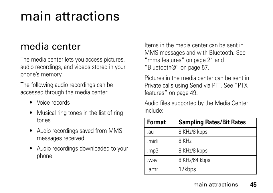 Main attractions, Media center | TELUS I465 User Manual | Page 49 / 106
