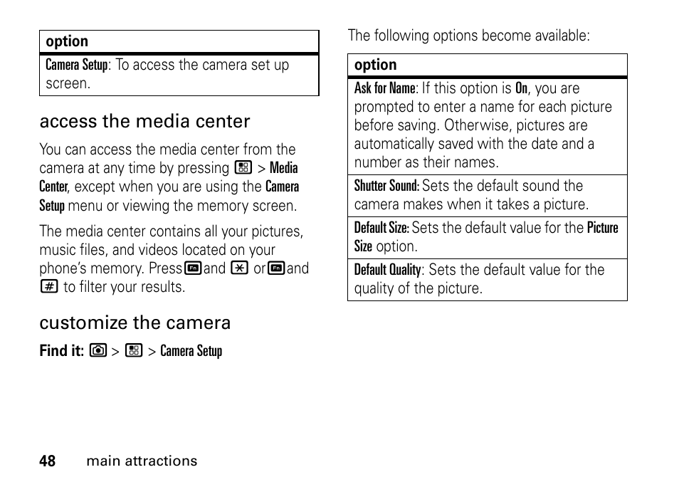 Access the media center, Customize the camera | TELUS I465 User Manual | Page 52 / 106