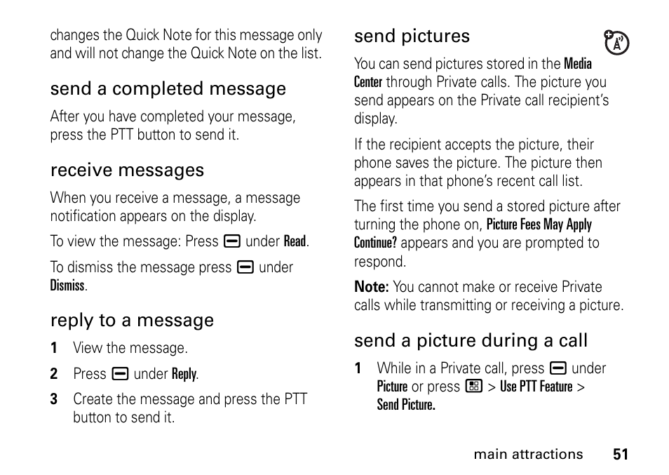 Send a completed message, Receive messages, Reply to a message | Send pictures, Send a picture during a call | TELUS I465 User Manual | Page 55 / 106