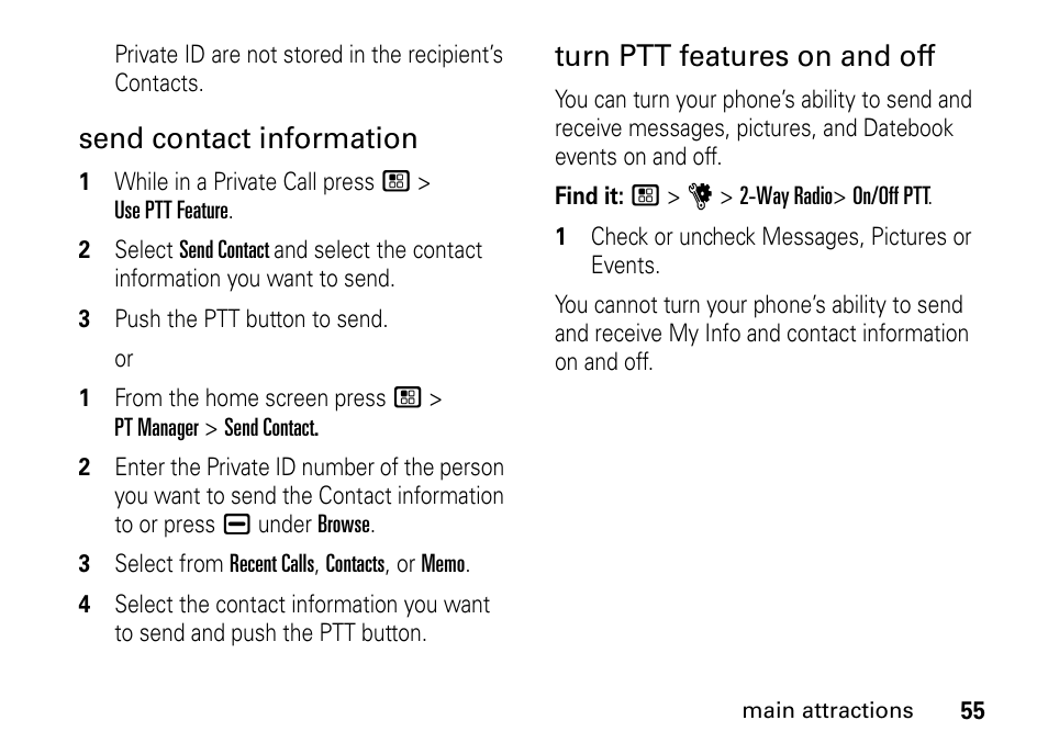 Send contact information, Turn ptt features on and off | TELUS I465 User Manual | Page 59 / 106