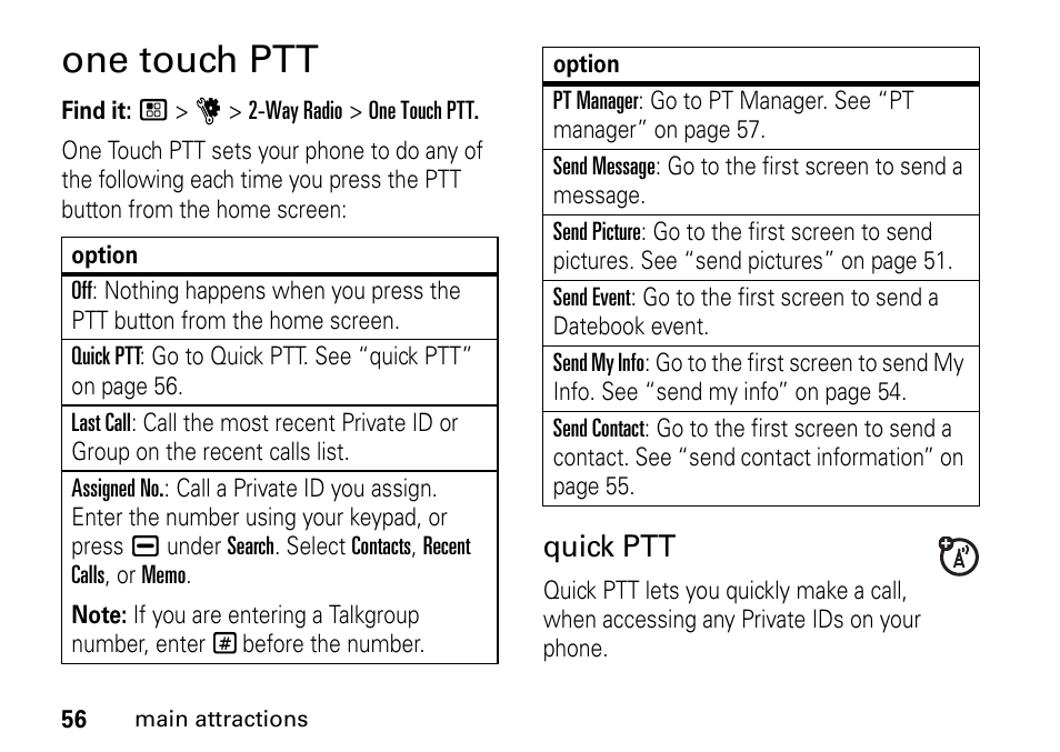 One touch ptt, Quick ptt | TELUS I465 User Manual | Page 60 / 106