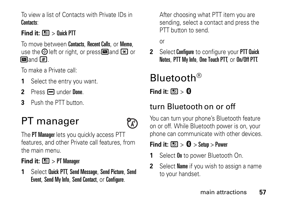 Pt manager, Bluetooth, Pt manager bluetooth | Cturn bluetooth, On or off | TELUS I465 User Manual | Page 61 / 106