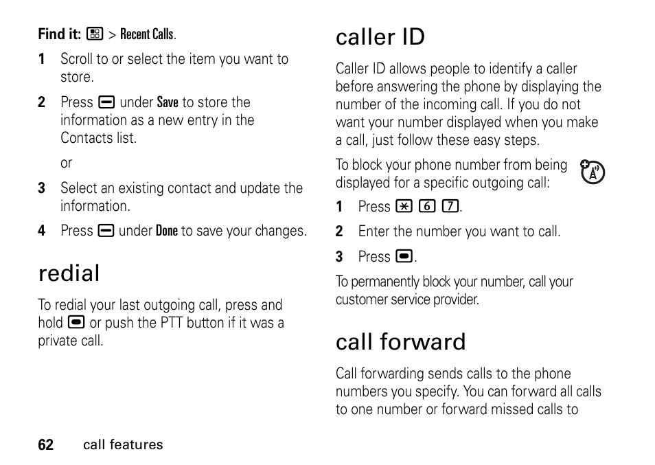 Redial, Caller id, Call forward | Redial caller id call forward | TELUS I465 User Manual | Page 66 / 106