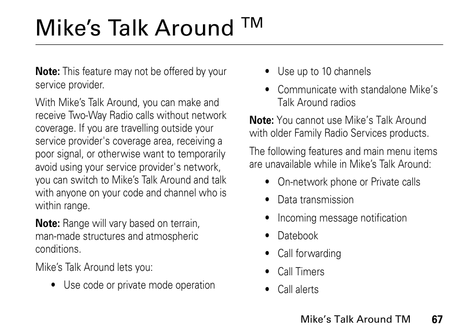 Mike’s talk around tm, Mike’s talk around | TELUS I465 User Manual | Page 71 / 106