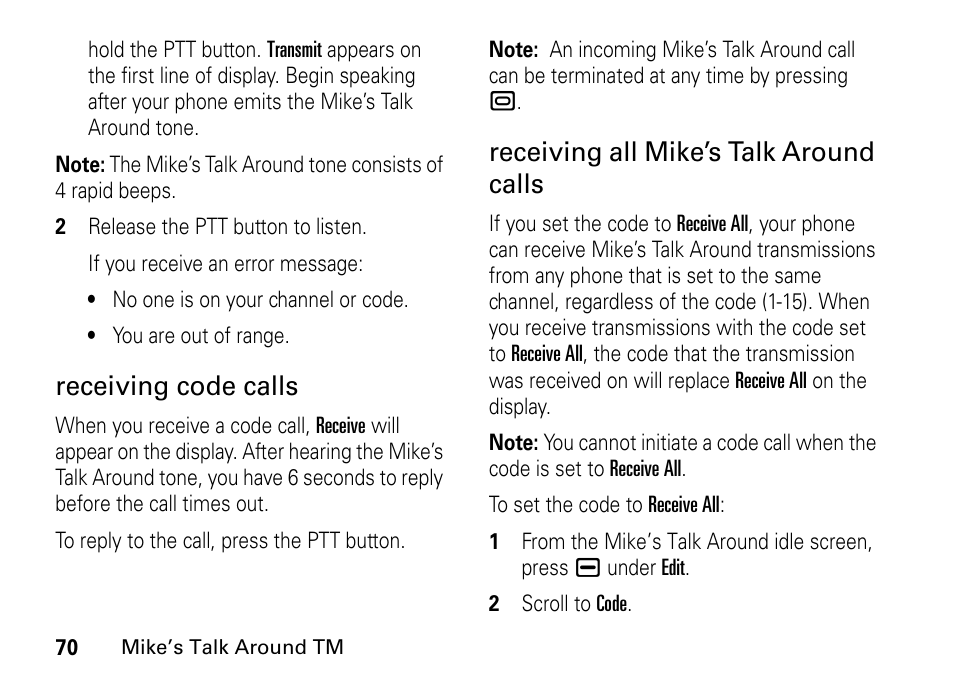 Receiving code calls, Receiving all mike’s talk around calls | TELUS I465 User Manual | Page 74 / 106
