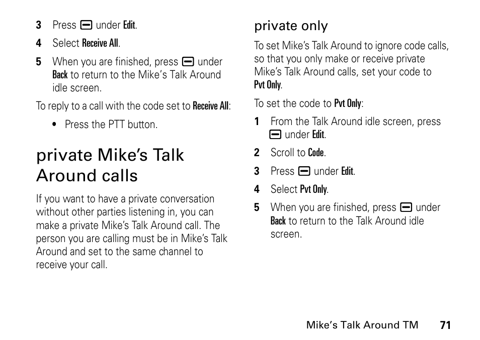 Private mike’s talk around calls, Private mike’s talk, Around calls | Private only | TELUS I465 User Manual | Page 75 / 106