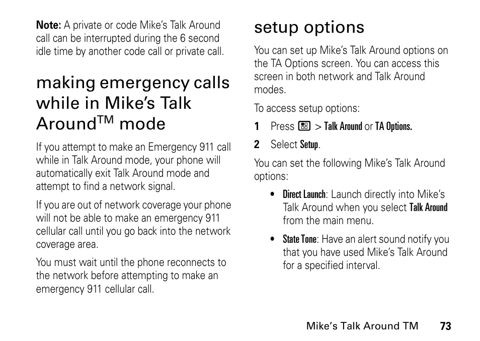 Setup options, Making emergency, Calls while in mike’s | Talk around, Making emergency calls while in mike’s talk around, Mode | TELUS I465 User Manual | Page 77 / 106