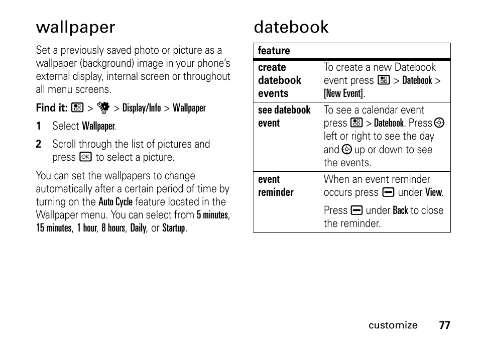 Wallpaper, Datebook, Wallpaper datebook | TELUS I465 User Manual | Page 81 / 106