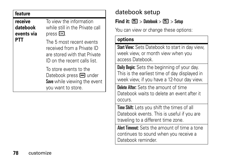 Datebook setup | TELUS I465 User Manual | Page 82 / 106