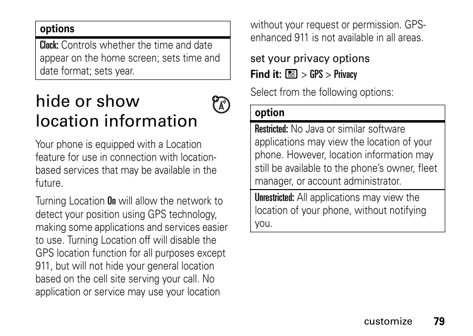 Hide or show location information | TELUS I465 User Manual | Page 83 / 106