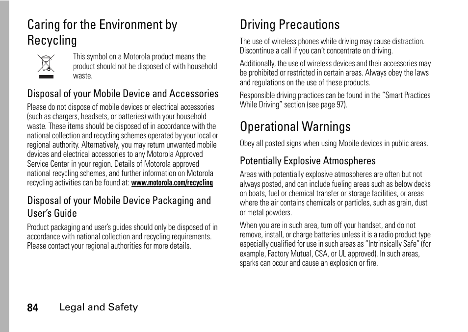 Caring for the environment by recycling, Driving precautions, Operational warnings | Caring for the environment by | TELUS I465 User Manual | Page 88 / 106
