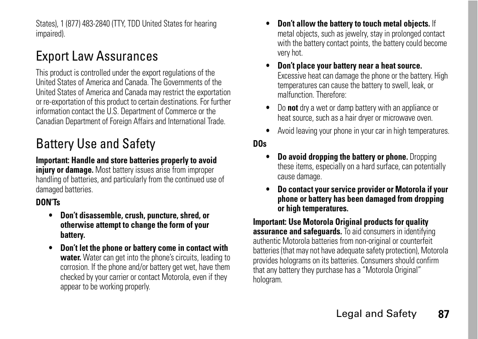 Export law assurances, Battery use and safety, Export law | Assurances battery use and, Safety | TELUS I465 User Manual | Page 91 / 106