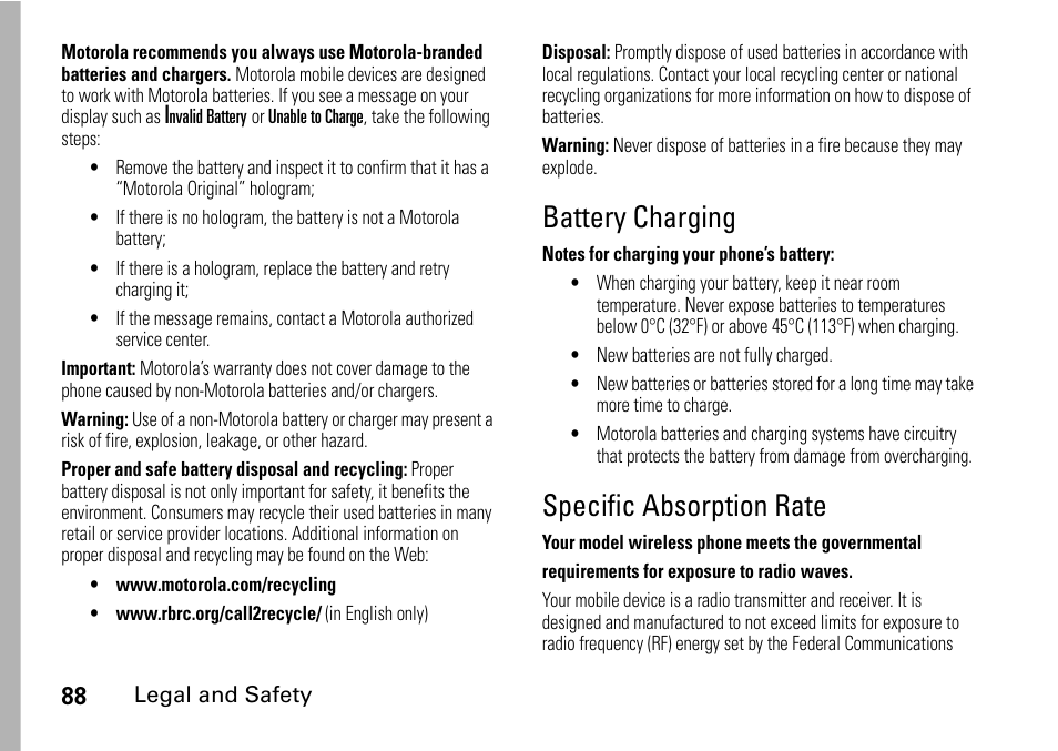Battery charging, Specific absorption rate, Battery charging specific absorption | Rate | TELUS I465 User Manual | Page 92 / 106