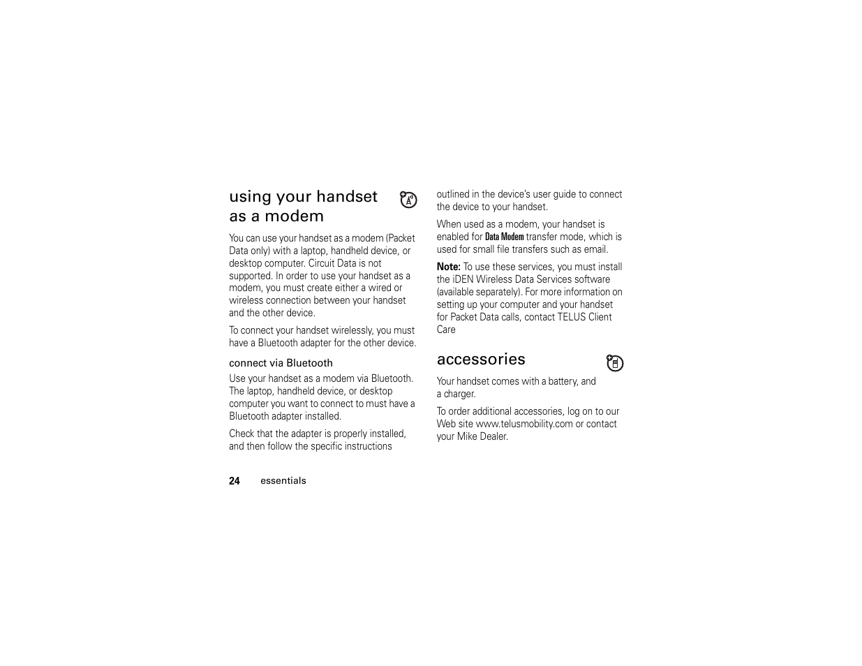 Using your handset as a modem, Accessories, Using your handset as a modem accessories | TELUS I365 User Manual | Page 27 / 53
