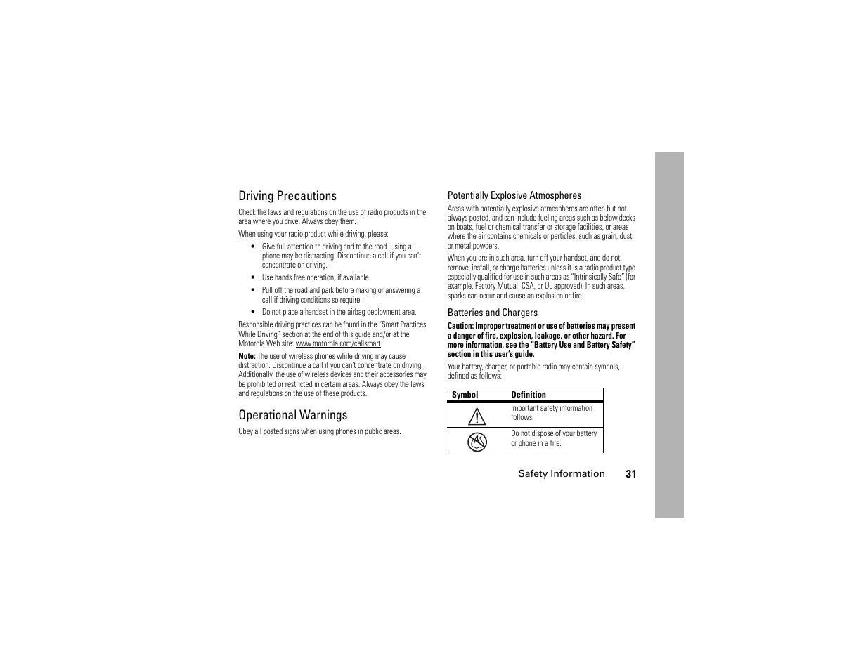 Driving precautions, Operational warnings | TELUS I365 User Manual | Page 34 / 53
