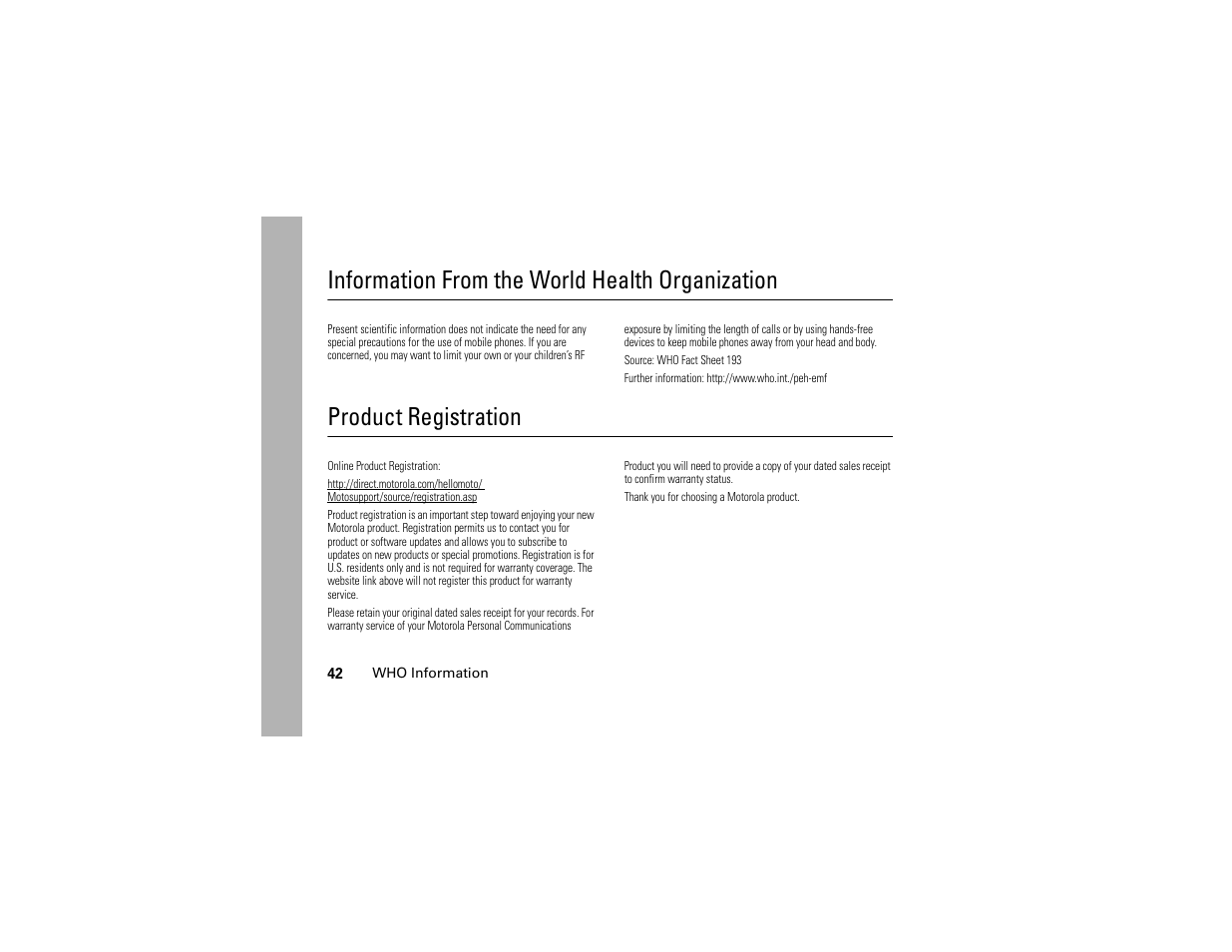 Information from the world health organization, Product registration | TELUS I365 User Manual | Page 45 / 53