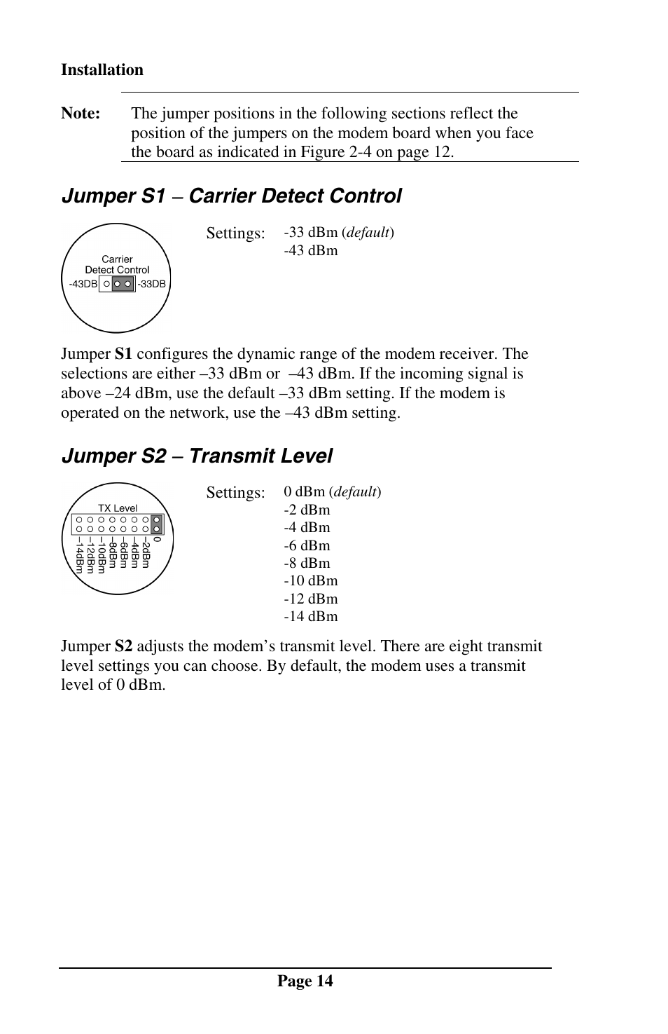 Jumper s1 − carrier detect control, Jumper s2 − transmit level | Telenetics MOT202TSA User Manual | Page 13 / 33
